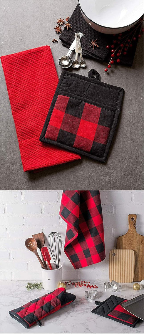 4/6 Pack Buffalo Check Plaid Pot Holders with Pocket,Kitchen Hot Pad Oven Mitts for Cooking and Baking Square 7.9" X 9.1" (Red, 6 Pack)...