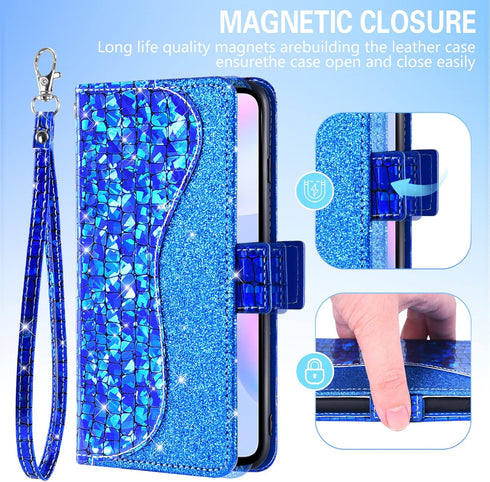 Asuwish Phone Case for Xiaomi Redmi 9A Redme 9i Wallet Cover with Tempered Glass Screen Protector and Wrist Strap Flip Card Holder Bling Glitter S...