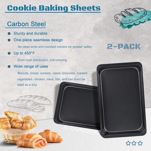 Baking Sheet Pans, Cookie Tray, Nonstick Heavy Carbon Steel Bakeware, 2-Pack, 12 X 7.5 Inches (Inner 11 X 6.9)...