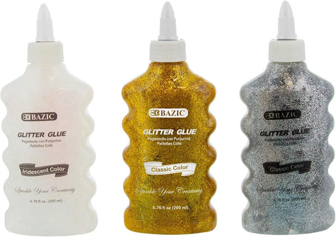 BAZIC Glitter Glue Silver Gold Iridescent Metallic Color, Non-Toxic Washable Glitter Glue for Paints Art Crafts, Gift for Kids (6.76oz/Pack), 3-Pa...