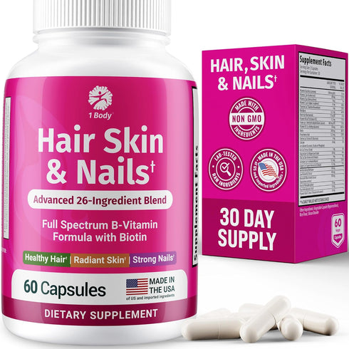 1 Body Hair Skin and Nails Vitamins with Biotin – 26 Vitamins, Minerals and Herbal Extracts – Hair, Skin and Nail Growth Supplement for Women and ...