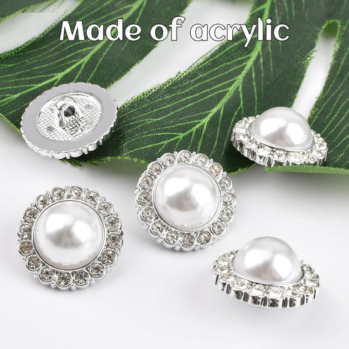 30 Pcs Faux Pearl Buttons with Rhinestone, Silver Retro Vintage Pearl Acrylic Buttons Round Crystal Buttons Sew on Buttons Embellishments for DIY ...