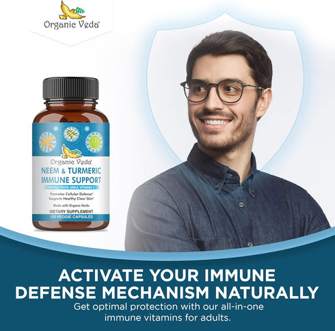 Organic Veda Neem & Turmeric Capsules with Amla Fruit, Tulsi, Holy Basil, Black Pepper Extract - Immune Support Dietary Supplement - Boosts Health...