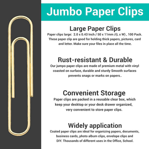 1InTheOffice Jumbo Paper Clips, Gold, Smooth, 2/Pack...