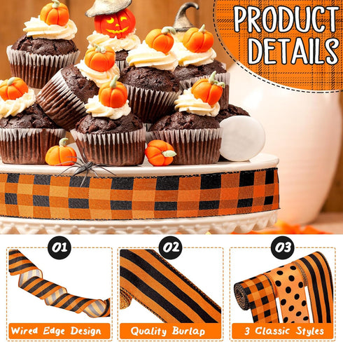 3 Rolls Christmas Burlap Ribbon Orange and Black Plaid Wrapping Wired Ribbons Autumn Christmas Dot Pattern Striped Ribbons for Home DIY Crafts Par...