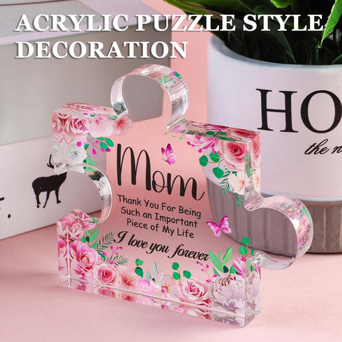 Acrylic Plaque Gifts for Mom Birthday Gift from Daughter Puzzle Shape Plague Sign Pink Flower Mom Acrylic Keepsake for Mom Birthday Thanksgiving C...