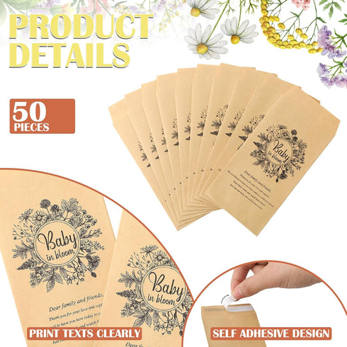 Fumete 50 Pcs Baby Shower Seed Packet Self Adhesive Kraft Seed Envelopes Small Parts Storage Packets Mini Kraft Seed Packets Retro Paper Seed Stor...