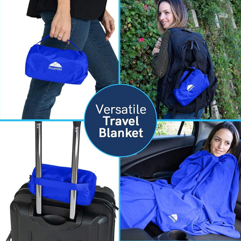 BlueHills Ultra Compact Travel Blanket Pillow in Portable Bag Case Premium Cozy Soft Compact Pack Large Blanket for Airplane Flight Layover Blue -...