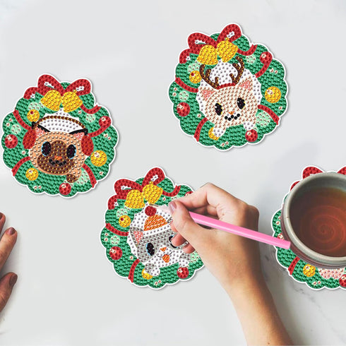 4 PCS Christmas Wreath Cat Diamond Art Coasters Kit, DIY Diamond Art Painting Coasters for Adults, 5D Xmas Diamond dot Kits Coasters Craft Supplie...