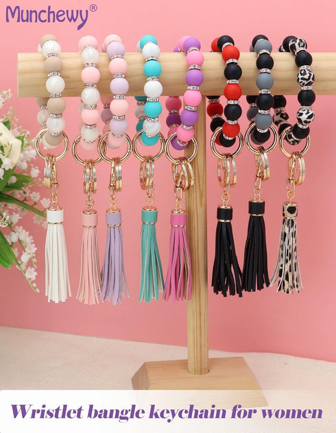 Silicone Key Ring Bracelet for Women, Elastic Beaded Wristlet Keychain Key Holder with Zircon & Tassel for Mother's Day Gift...