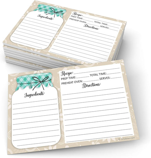321Done Mason Jar Recipe Cards (Set of 50) Rustic 4x6 Double-Sided Premium Card Stock - Made in USA - Rustic Green and Tan, Large Notes From...