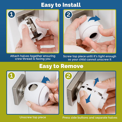 Child Safety Door Knob Cover (4 Pack) Hard-to-Remove Dual-Lock Door Handle Covers for Kids - Reusable Baby Proof Door Knob Locks - Installs Easily...