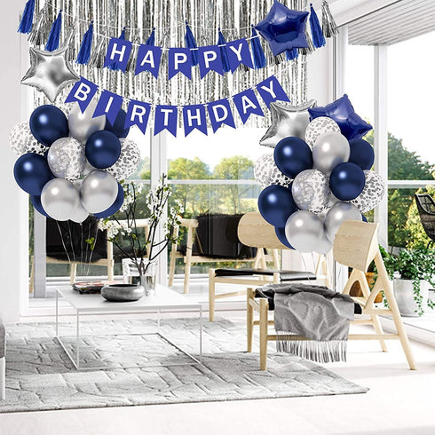 Blue Birthday Party Decorations, Happy Birthday Decorations for Men with Banner Blue Silver Confetti Latex Balloons and Foil Fringe Curtains for M...