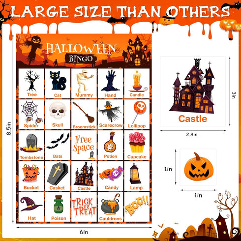 V-Opitos Large Size Halloween Bingo Game Card for Kids/Adults, 6''×8.5” - 28 Players - Halloween Games for Family/School Classroom/Large Group, Ha...