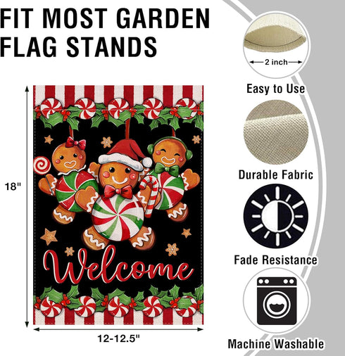 Welcome Christmas Gingerbread Man Small Decorative Garden Flag, Xmas Peppermint Candy Holly Red Berries Yard Lawn Outside Decor, Winter Holiday Fa...