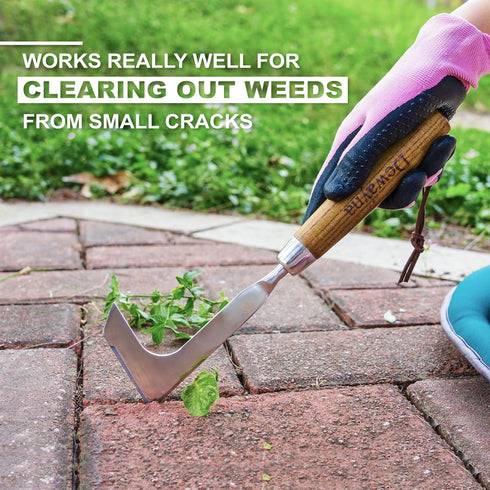 Crack Weeder, L-Shaped Stainless Steel Crevice Weeding Tool, Comfortable Grip Wood Handle Paver Weeder, 11'' Sidewalk Weed Removal Tool for Garden...