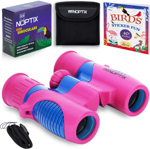Binoculars for Kids, Girls or Boys Real Kids Binoculars in Vibrant Pink Blue - includes Sticker Book with 40 Bird Species - Kids Toys Small Binocu...