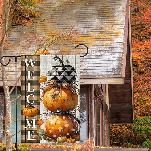 Fall Pumpkins Garden Flag 12x18 Inch Polka Dots Small Double Sided For Outside Thanksgiving Burlap Plaid Bowknot Welcome Yard Autumn Decoration...