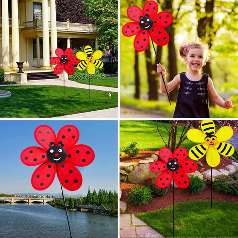 Flower Wind Spinner 4pcs Garden Pinwheels Whirligigs 11.8inch Ladybug Bee Windmill Wind Spinner Pinwheel for The Yard Garden Lawn Patio Outdoor De...
