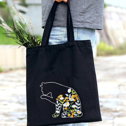 Harimau Beginner Canvas Tote Bag Embroidery Kit,Black Kitten Pattern,Cross Stitch Kits, Including Stamped Embroidery Bag with 1 Embroidery Hoops,N...