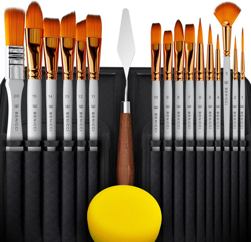 16 Pieces Premium Artist Paint Brush Set - Includes Palette Knife, Sponge, Organizing Case - Painting Brushes for Kids, Adults & Professionals - P...