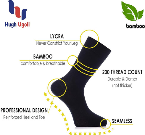 Hugh Ugoli Men's Bamboo Dress Socks for Business & Trouser, Thin & Seamless Crew Socks, 4 Pairs with Gift Box, Shoe Size 8-12...