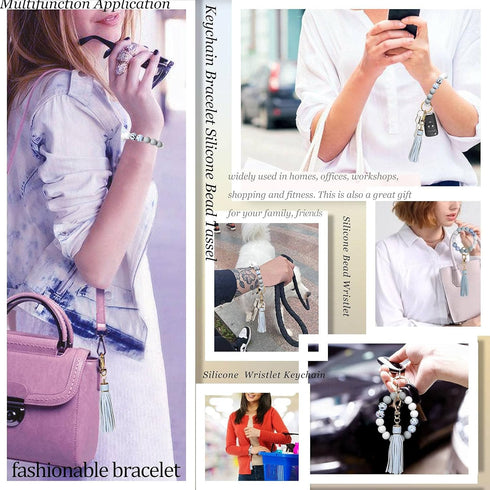 BIHRTC Beaded Wristlet Keychain Silicone House Key Ring Bracelet with Leather Tassel Wristlet Keyrings Circle Bangle Key Chain for Women Girls...