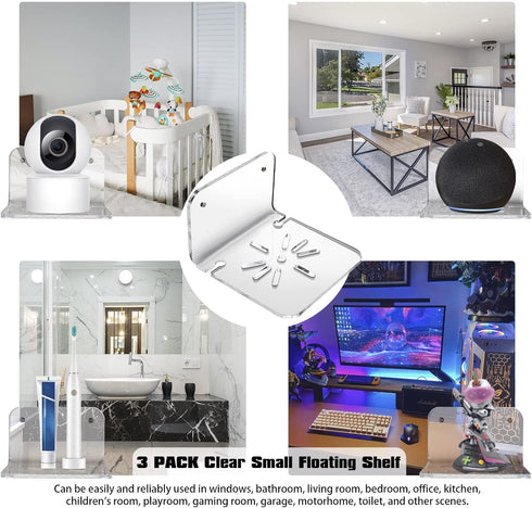 SIPRDE Acrylic Small Wall Shelf Set of 3 for Security Cameras, Speakers, Baby Monitors & More - 4'' Universal Adhesive Shelf Easy to Install No dr...