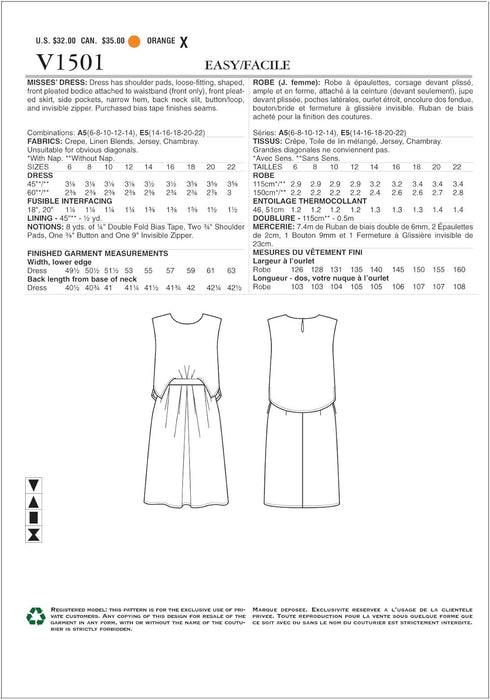 Vogue Patterns Misses' Mock-Tuck Pleated Dress Sewing Pattern, 14-16-18-20-22, Orange...