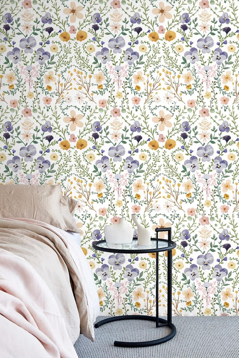 HAOKHOME 93399-1 Floral wallpaper Peel & Stick Purple/Green/White Nursery Wall Paper Boho Stick on Contact Paper 17.7in x 9.8ft...
