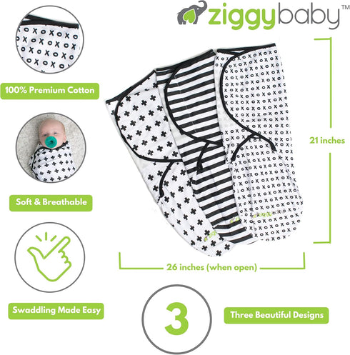Ziggy Baby Adjustable Baby Swaddles 0-3 Months - Blanket Infant Wrap Set 3 Pack - Soft Cotton Black & White - Newborn Swaddle Blankets for Baby Bo...