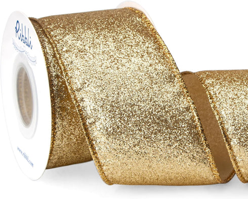 Ribbli Gold Glitter Wired Ribbon with Gold Metallic Edge,Christmas Ribbon for Wreath, Tree Decoration, Home Decor, 2-1/2 Inch x 10 Yards...