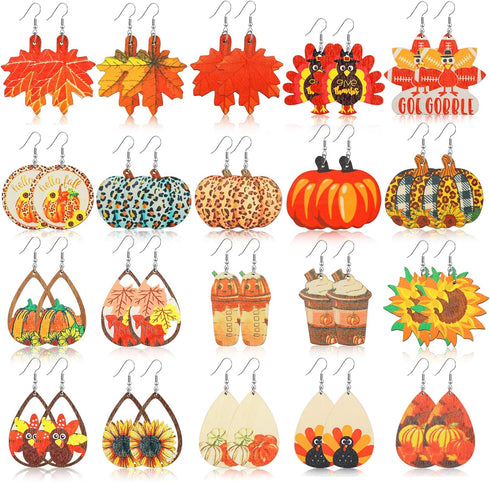 20 Pairs Fall Thanksgiving Earrings Bulk for Women Wooden Thanksgiving Painted Earrings Autumn Pumpkin Turkey Sunflower Maple Leaf Dangle Earrings...