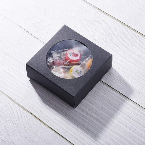 BENECREAT 24 Pack Kraft Paper Boxes with Clear Window 3x3x1.2 Black Kraft Gift Packaging Boxes for Bakery Cookies Cake Candy Wedding Party, Festiv...