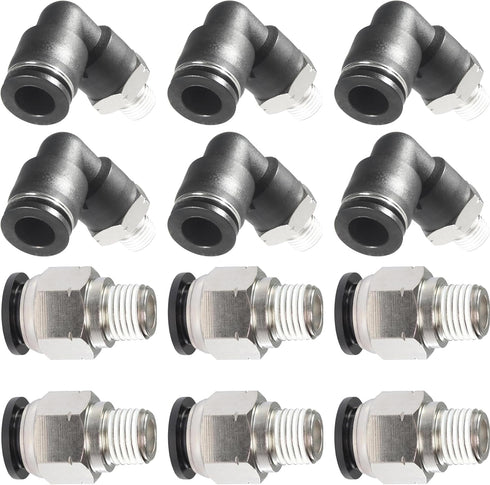 PNEUMATIC Elbow and Straight Combination 1/2 Inch Tube OD x 1/4 NPT Thread Push to Connect Fittings PC-1/2-1/4+PL-1/2-1/4(Pack of 12) (12, 1/2-1/4...