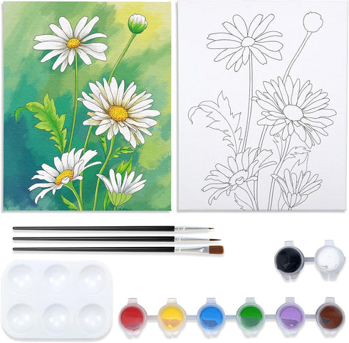 VOCHIC Paint and Sip Kit, Daisy Pre Drawn Canvas Painting Kit for Adults Painting Twist Party Supplies for Beginner Gift Favor, 8 Acrylic Colors, ...