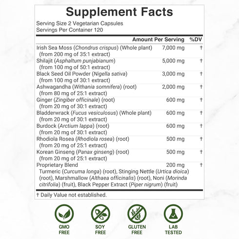 Irish Sea Moss 7000mg Per Serving, 240 Veggie Capsules – 14 Superfood Complex – 3000mg Black Seed Oil, 2000mg Ashwagandha, 600mg Ginger, 5000mg Sh...