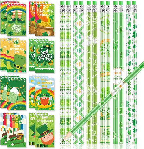 HOWAF 34 Pack St Patrick’s Day Pencils and Notebooks Set, St Patricks Day Stationery Supplies for Kids-St Patrick’s Day Wood pencils with Eraser S...