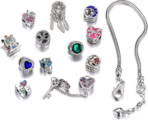 12pcs A Suit 925 Silver Plating Alloy Enamel Colored Rhinestones Tree of Life Lock Owl Heart Luck Bead Charms for Charm Bracelets Snake Bracelet W...