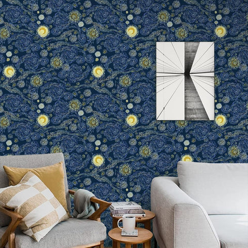 Modern Impressionist Art Peel and Stick Wallpaper, 17.71in X 118.1in Self Adhesive Removable WallPaper Abstract Starry Sky Contact Paper Waterproo...