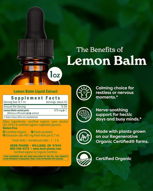 Herb Pharm Certified Organic Lemon Balm Liquid Extract for Calming Nervous System Support, Organic Cane Alcohol, 1 Ounce...