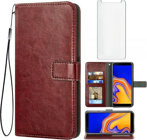 Asuwish Compatible with Samsung Galaxy J4 Plus Wallet Case Tempered Glass Screen Protector and Leather Flip Card Holder Stand Cell Accessories Pho...