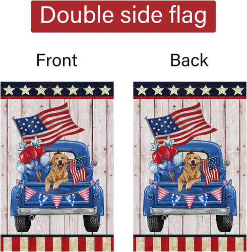 Louise Maelys 4th of July Garden Flag 12x18 Double Sided, Small Burlap Truck Golden Retriever Dog Welcome Patriotic Garden Yard House FLags for Me...