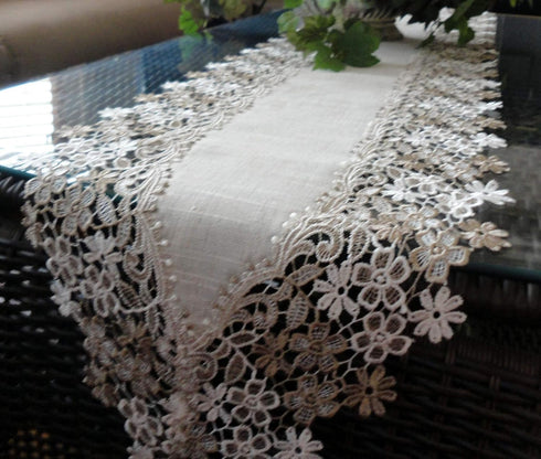 Sophisticated Floral Lace Dresser Scarf 65" Neutral Earth Tones or Mantel Scarf Table Runner...