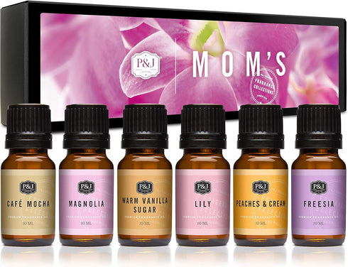 P&J Trading Mom's Set of 6 Fragrance Oils - Lily, Magnolia, Peaches & Cream, Café Mocha, Warm Vanilla Sugar, Freesia Scented Oils for Candle Scent...