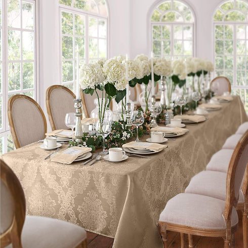 Newbridge Barcelona Luxury Damask Fabric Tablecloth, 52” Wide x 70” Rectangle, Golden Beige, 100% Polyester, No Iron, Soil Resistant Dining Room, ...