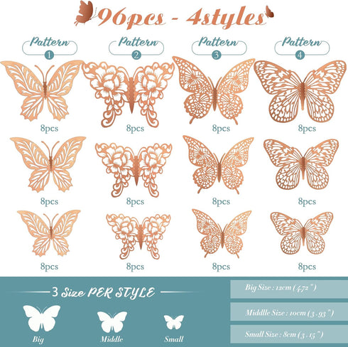 3D Gold Butterfly Wall Decor 3 Sizes 4 Styles Butterfly Party Decorations Cake Decorations Removable Stickers Wall Decor Room Mural Metallic Kids ...