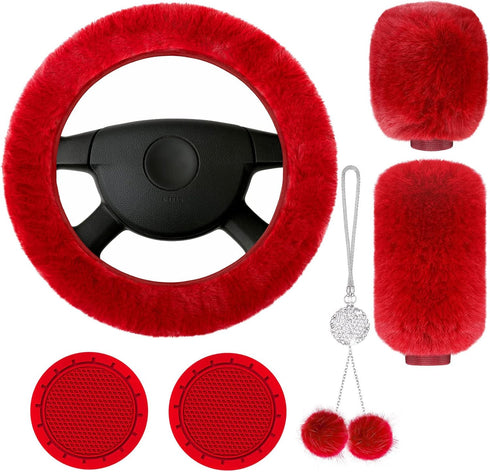 6 Pieces Fluffy Car Accessories Set Fluffy Steering Wheel Cover Soft Fuzz Handbrake Cover Gear Shift Cover Bling Car Mirror Fuzz Car Decoration 2 ...