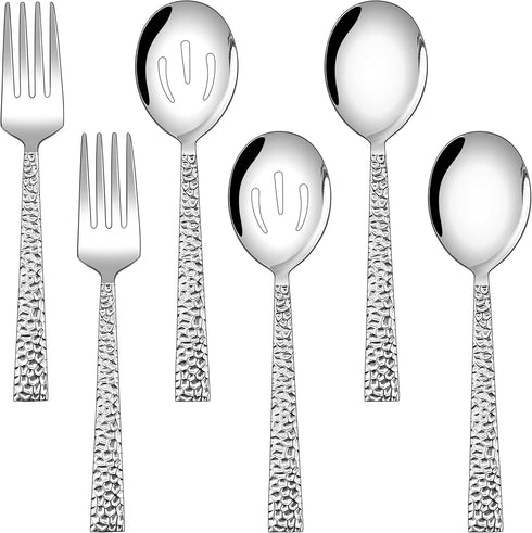E-far Hammered Serving Utensils Set of 6, Stainless Steel 8.7 Inch Square Hostess Serving Set, Metal Serving Spoon Slotted Spoons Forks for Party ...