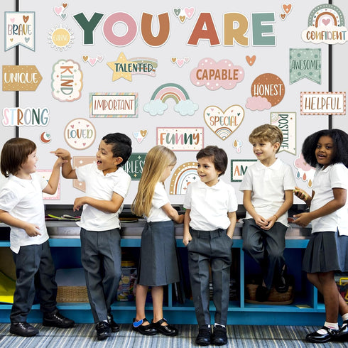 45pcs Boho Affirmation Station Bulletin Board Set Motivational Posters Classroom Mirror Growth Mindset Decor Positive Affirmations Accents Cutouts...